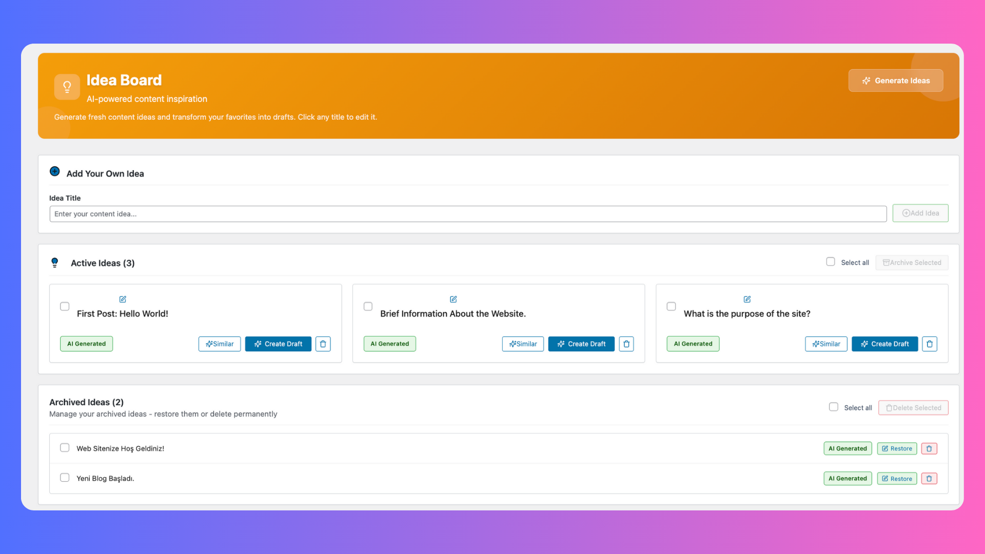 Idea Board – AI‑generated topics with filters