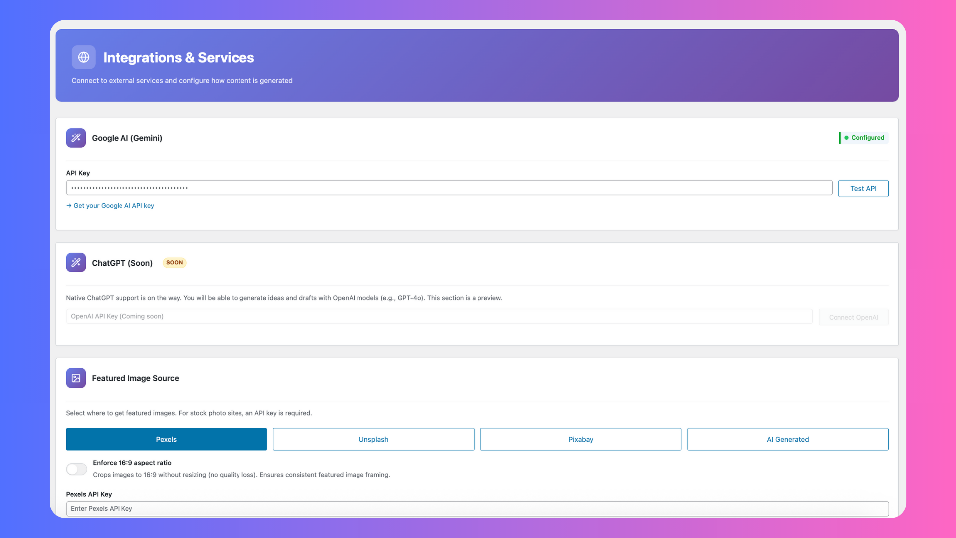 Settings – integrations, AI options, workflow controls