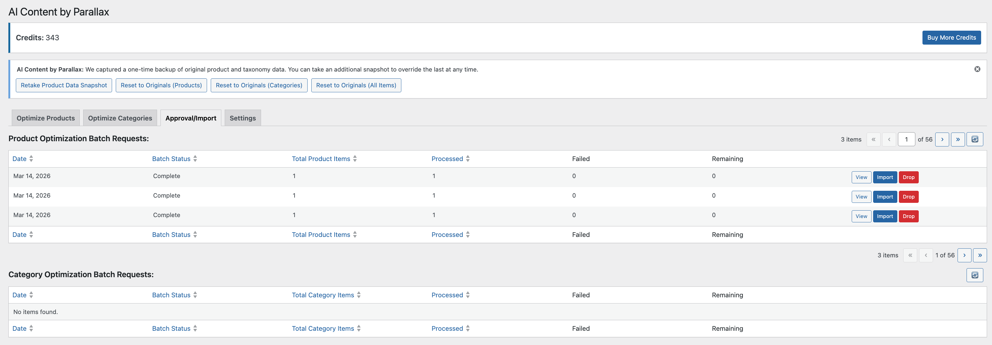 Approval / Import — batch status tables for product and category optimizations, with snapshot and reset controls for safe rollbacks.