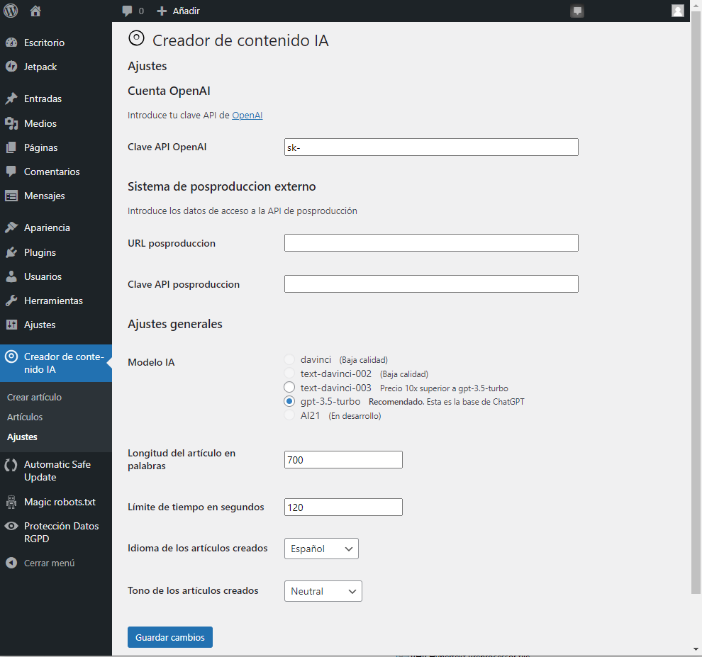 Settings page.