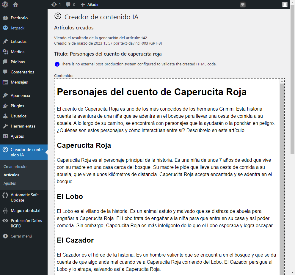 Correct article creation result page.