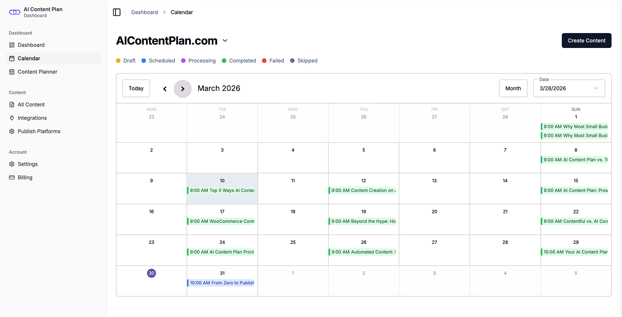 Editorial calendar view for managing scheduled and completed content.
