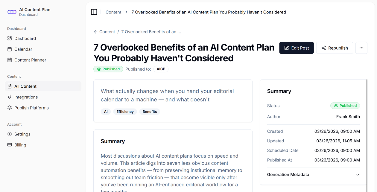 Content detail view showing article status, publishing information, and workflow controls.