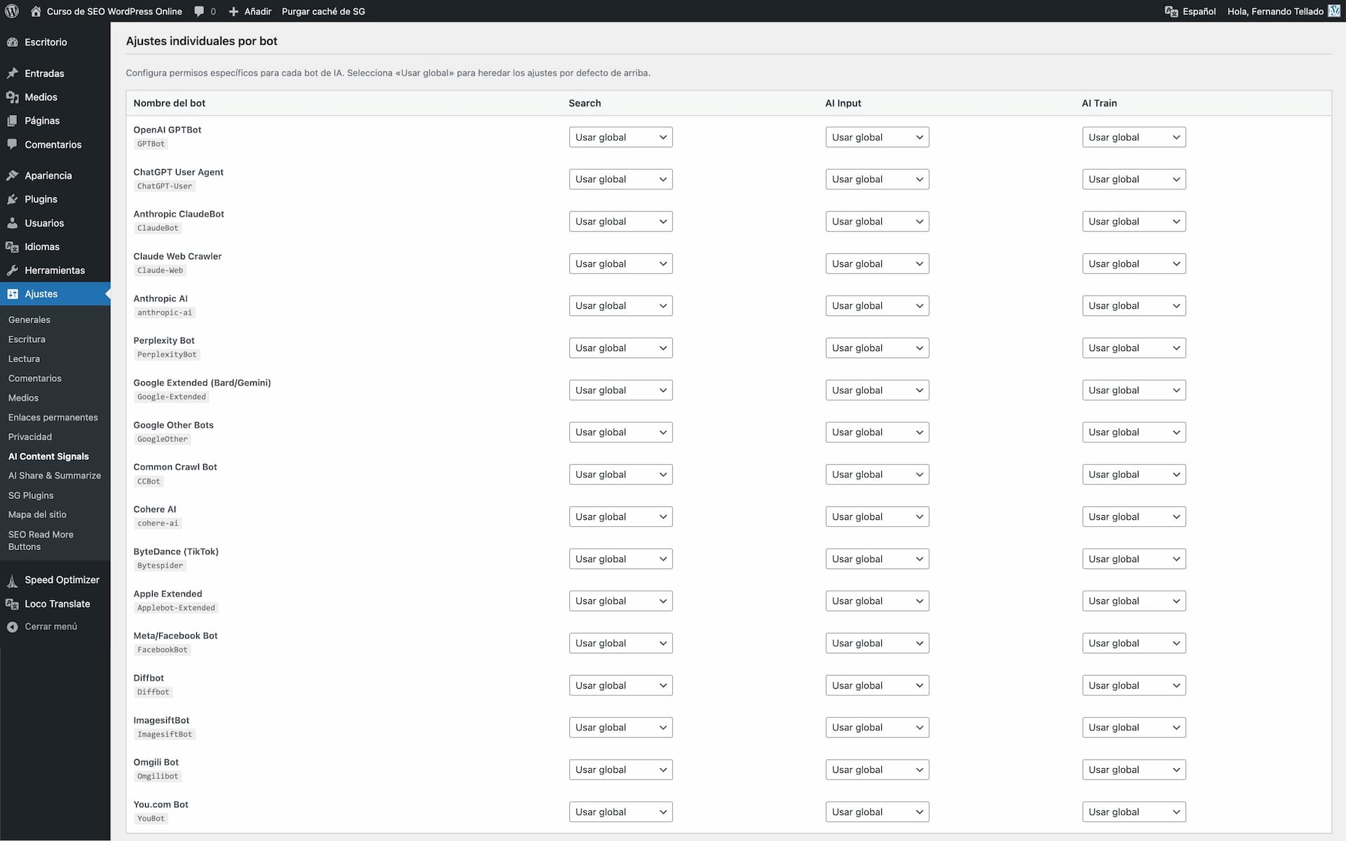 Custom bots section for adding new AI crawlers