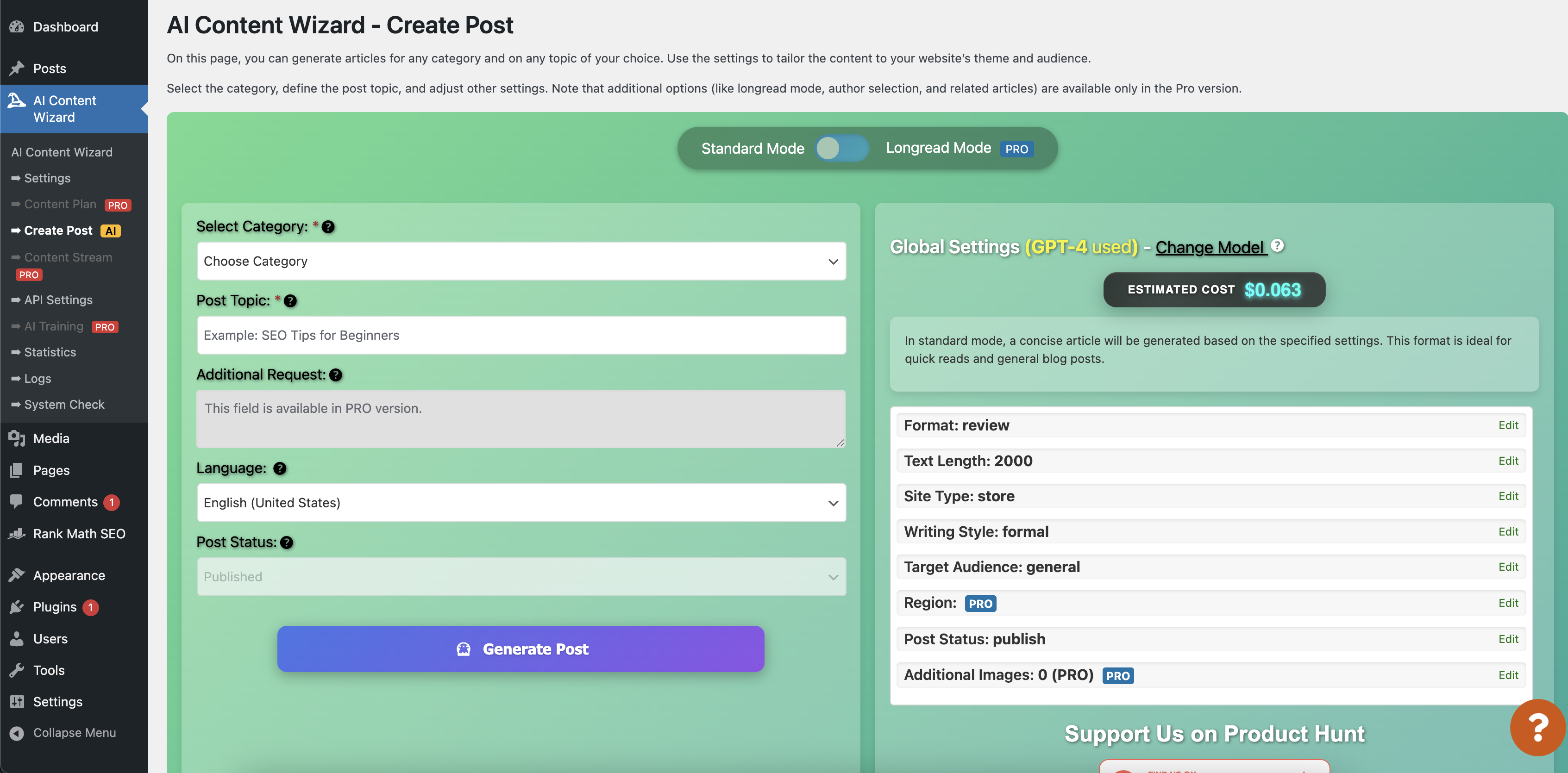 **Logs Interface** – View and filter logs for content generation and system events.
