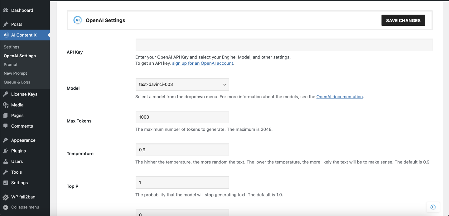 AI Content X Settings OpenAI