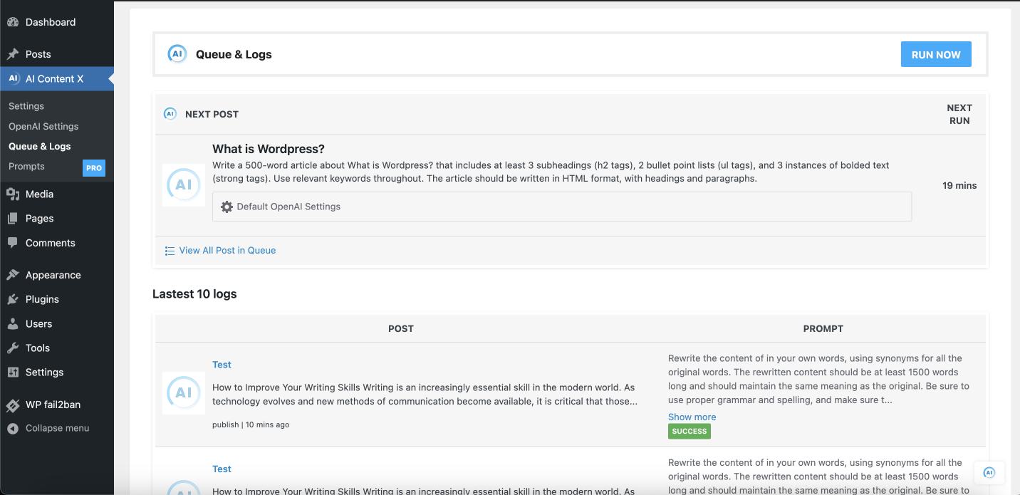 AI Content X Logs and Queue