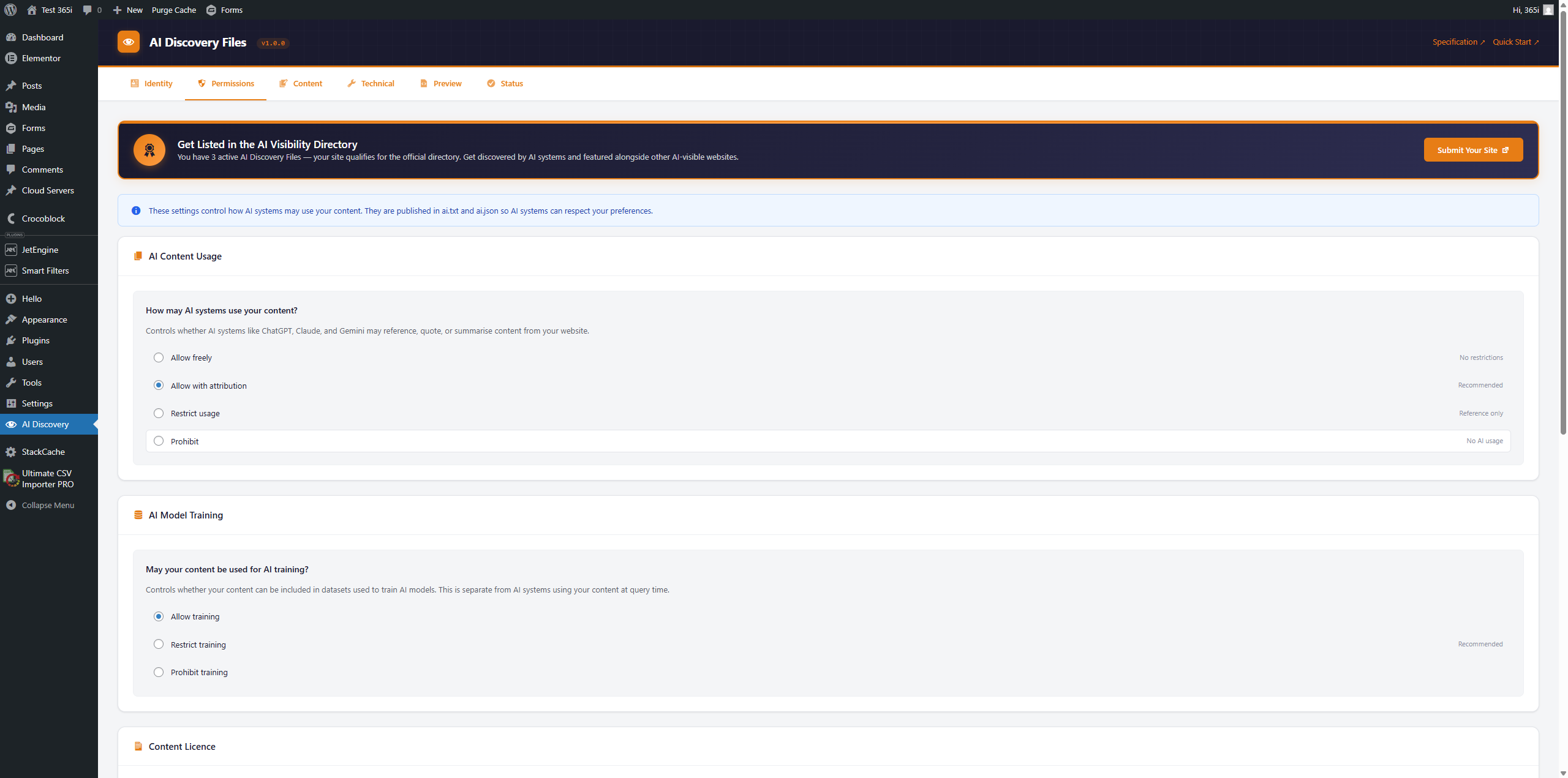 Permissions tab — AI usage, training, and crawler access controls