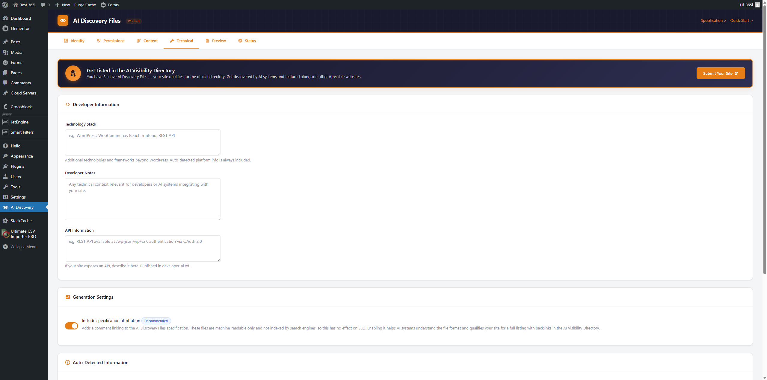 Technical tab — developer notes, API info, and tech stack