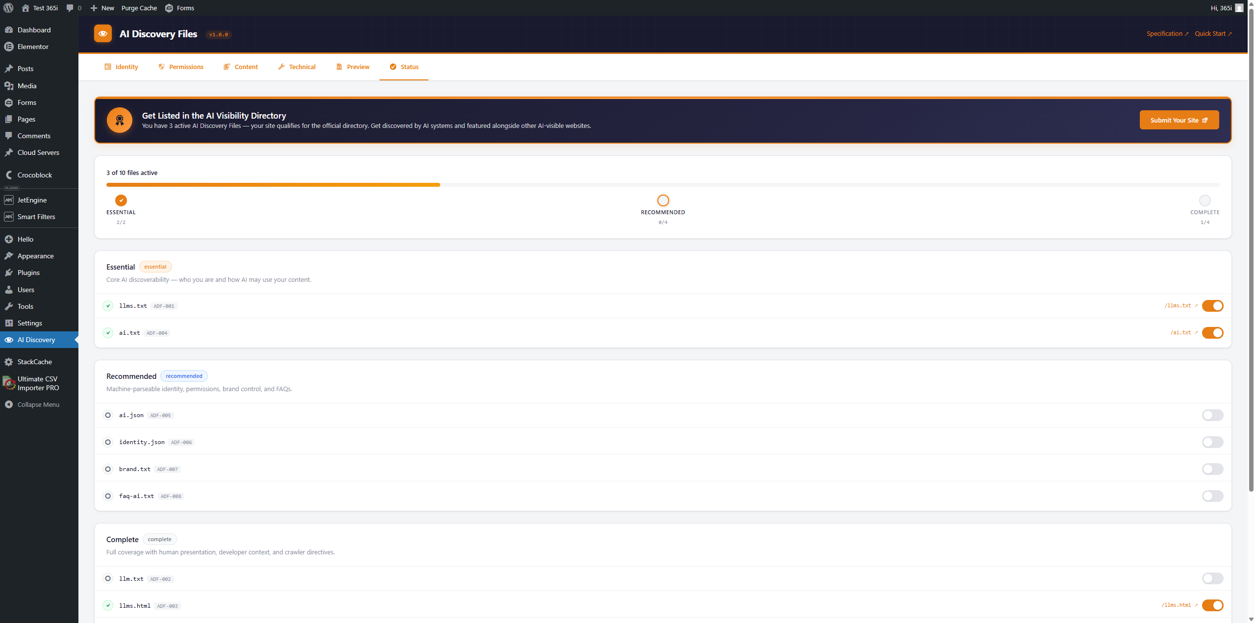 Status tab — file activation, validation, and tier progress