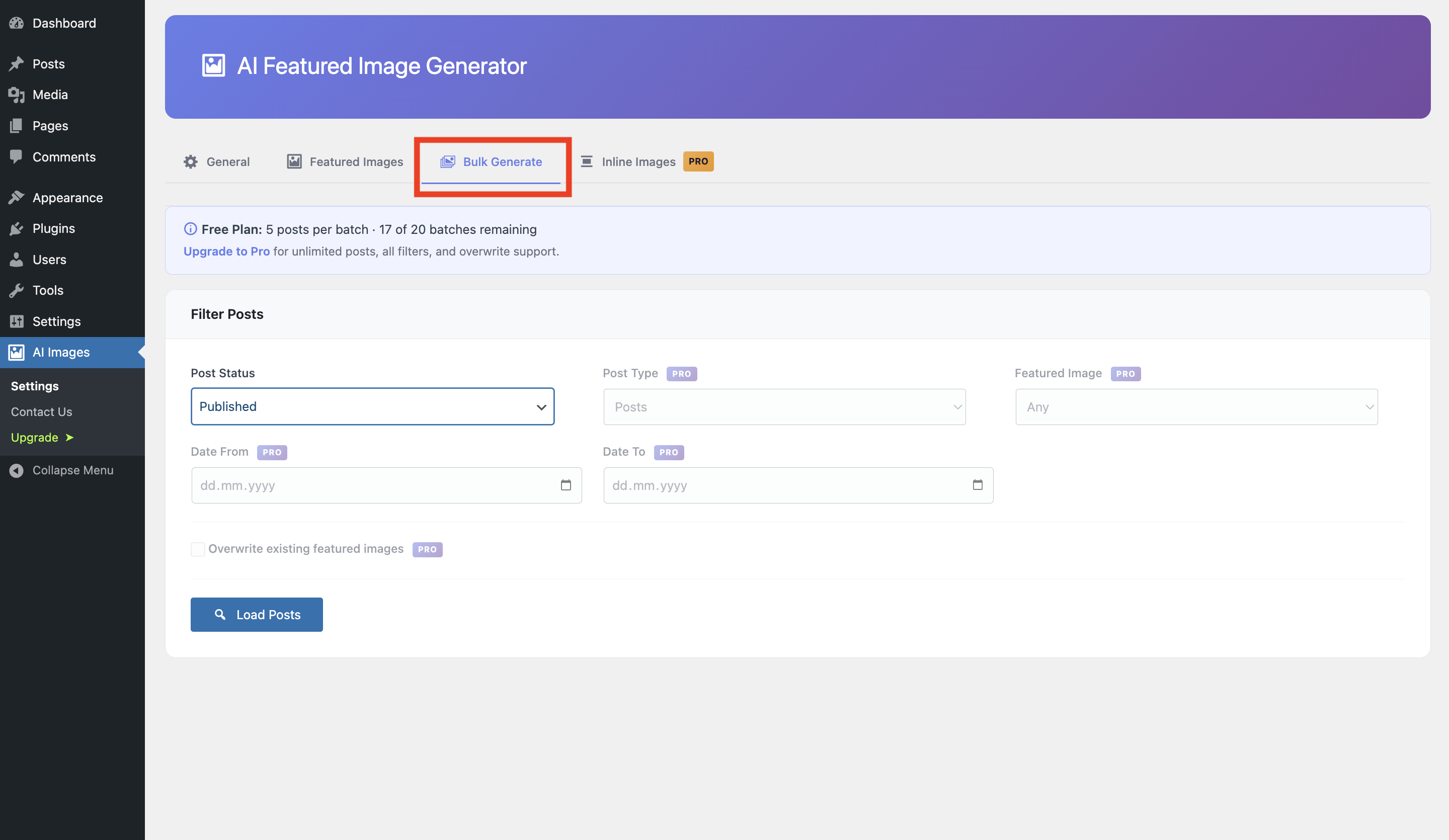 Post editor meta box — custom prompt, style picker, and Generate Featured Image button