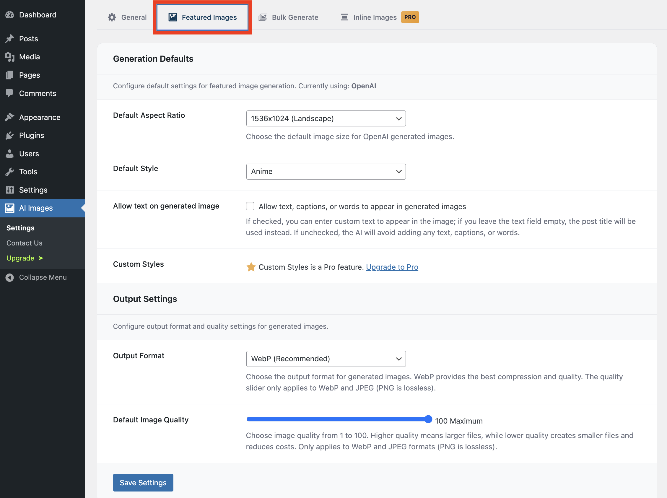 Bulk Generate tab — filter posts and generate featured images in batches