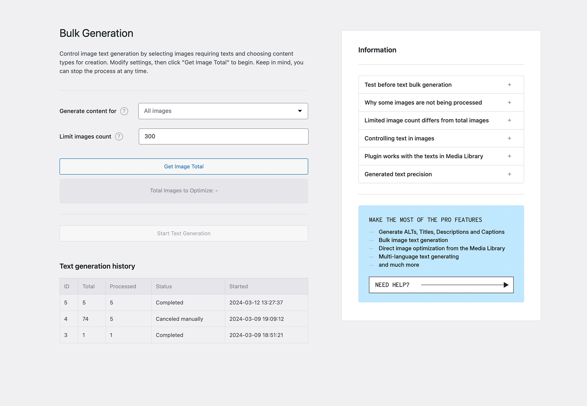 PRO features include bulk text generation