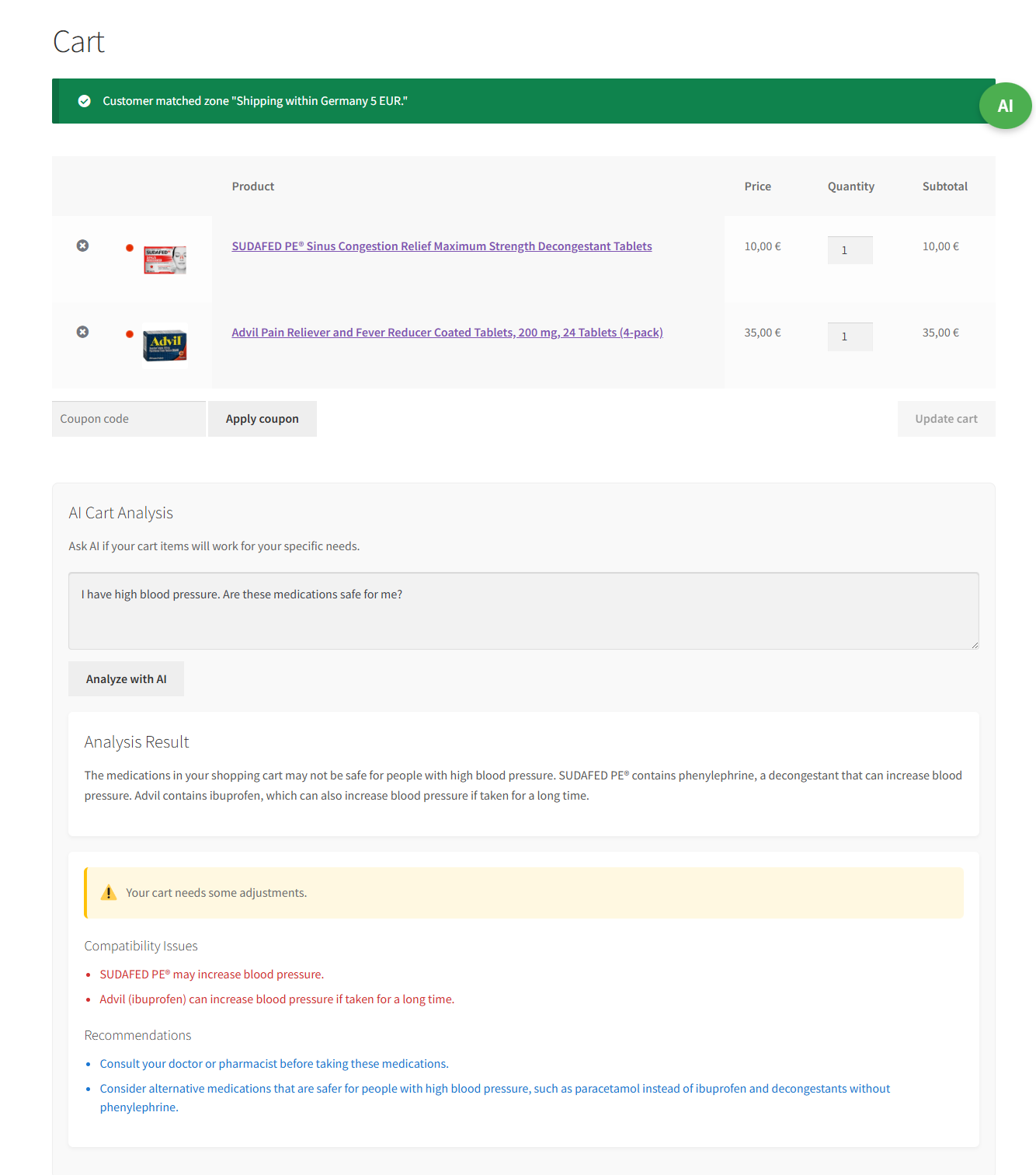 **Shortcode Documentation** - Complete implementation guide for AI search forms, buttons, and cart analysis widgets
