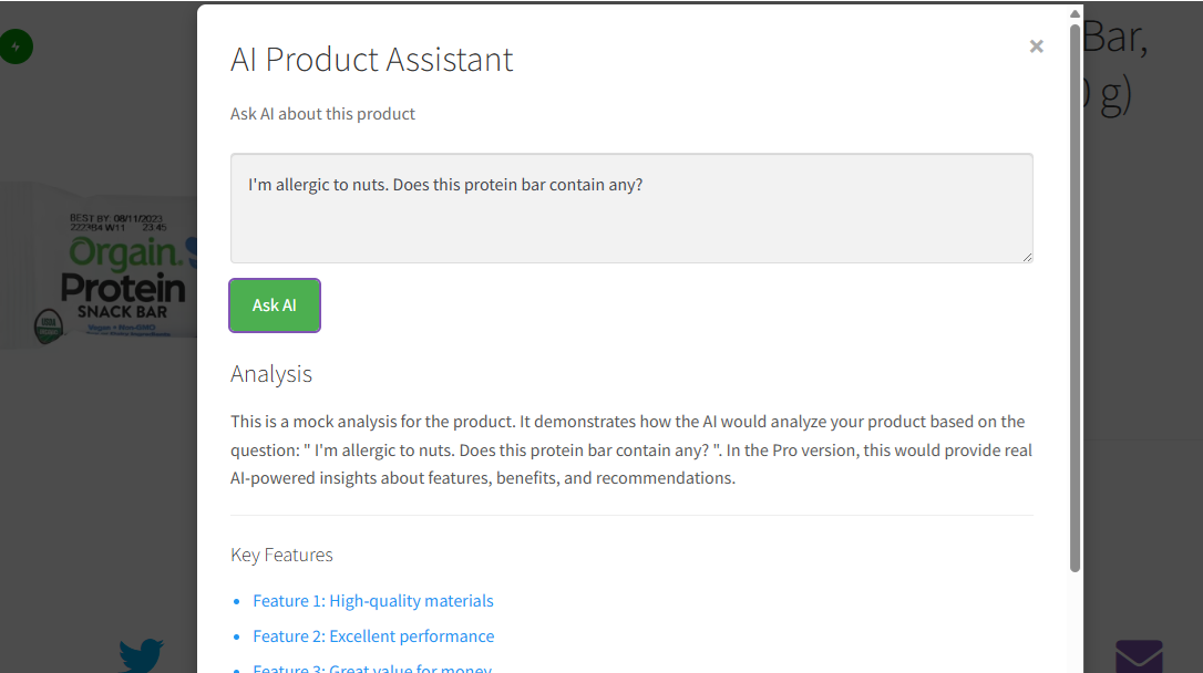 **AI Product Search Example 1 (Free)** - "Please help me find all the ingredients needed to make sushi" - Mock simulation interface