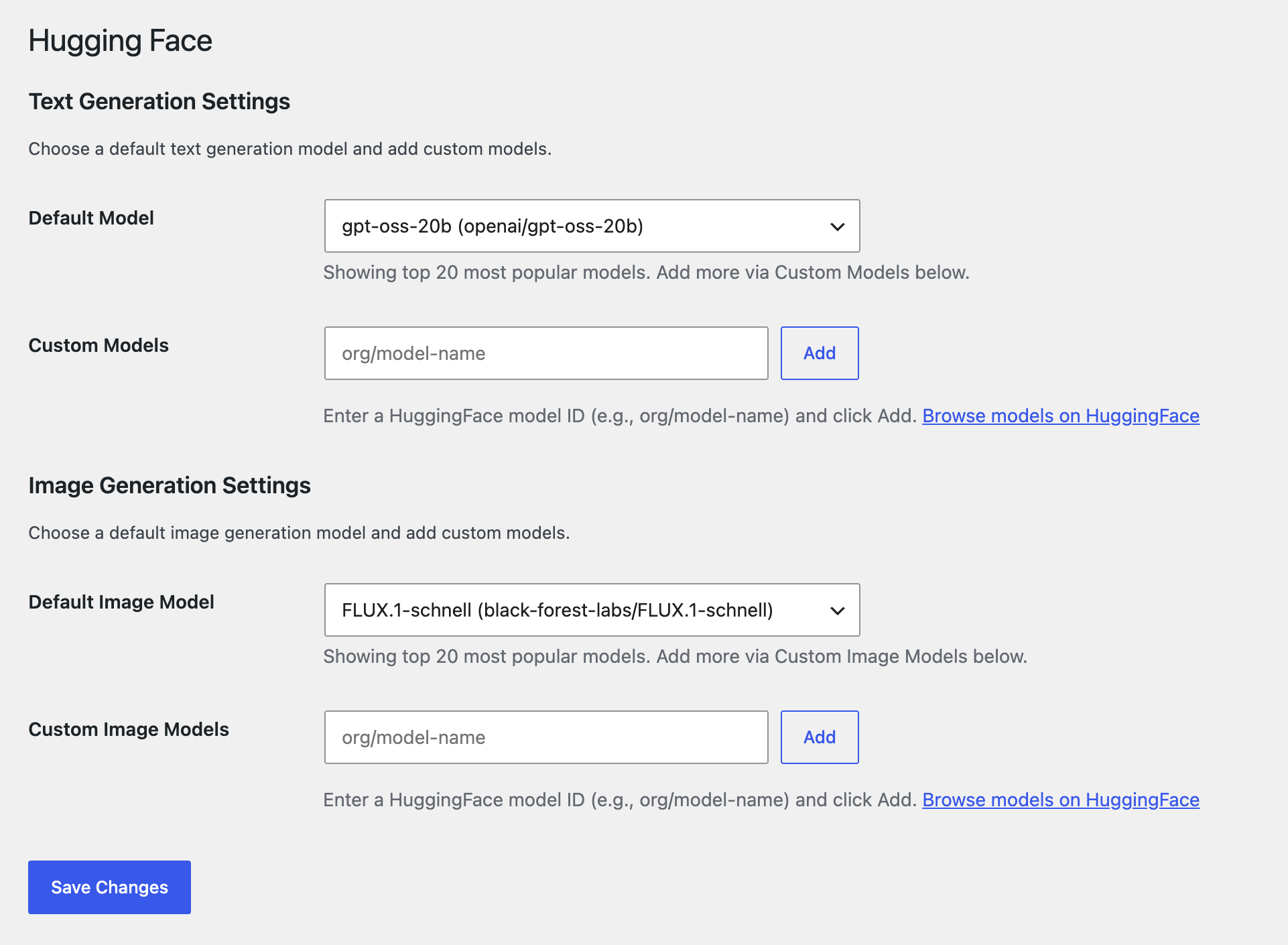 Settings > Hugging Face admin page with text and image model configuration.
