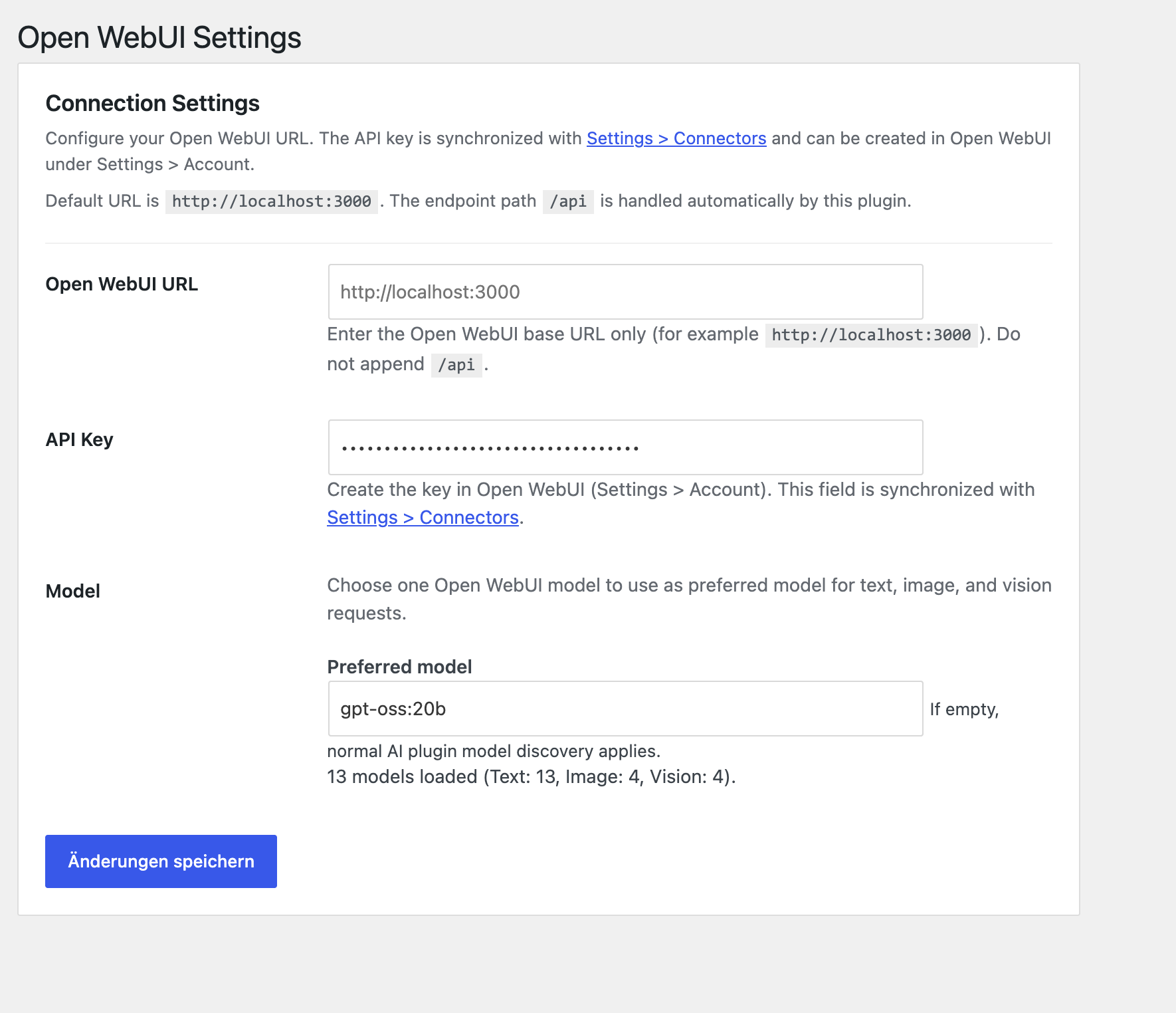 Open WebUI settings page with URL, API key, and preferred model selection.