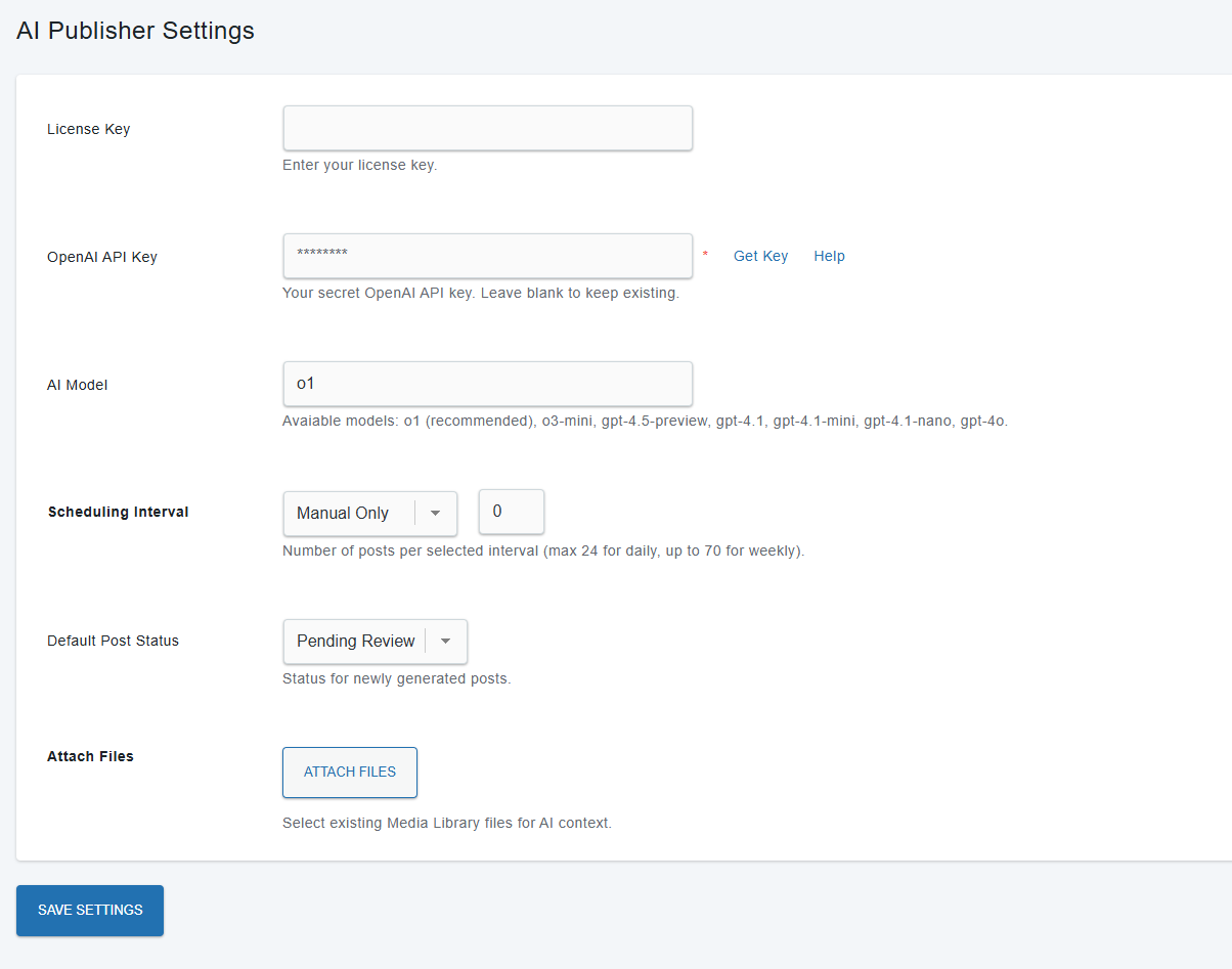 AI Publisher Settings panel – connect your OpenAI API key, select your preferred AI model, configure scheduling, and set default post status for newly generated content.