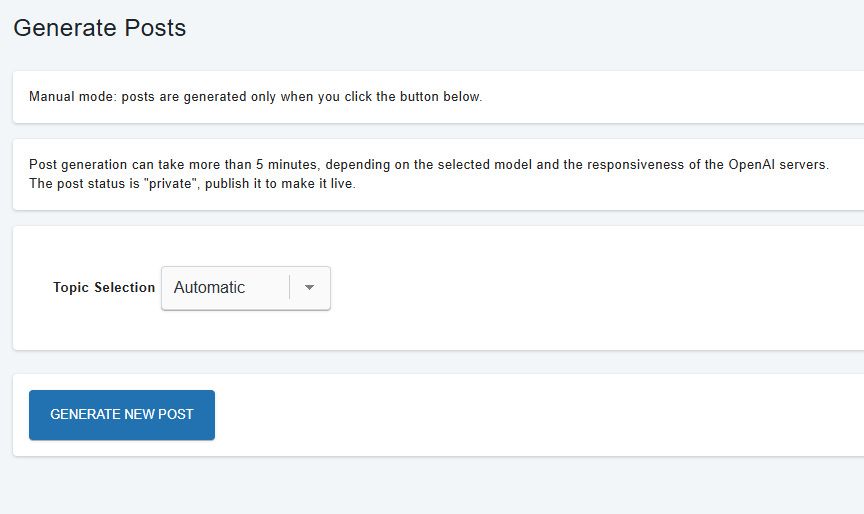 Generate Posts screen (automatic mode) – let the AI choose a topic and create a fully optimized blog post with one click.