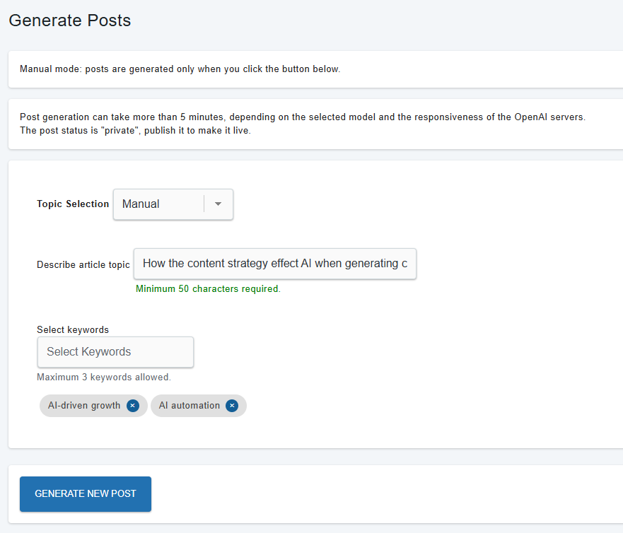 Generate Posts screen (manual mode) – define your own article topic, select up to three keywords, and create a fully optimized blog post in one click.