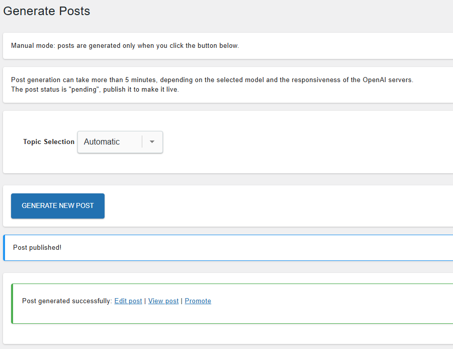 Post generation complete – confirmation message with quick links to edit, view, or promote the newly created post.