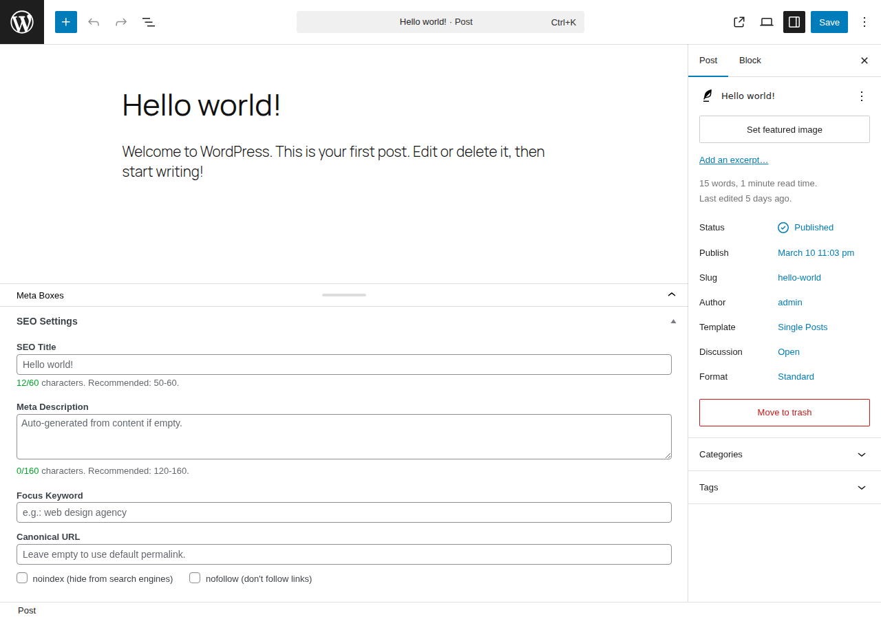 SEO meta box in the post editor with focus keyword analysis.