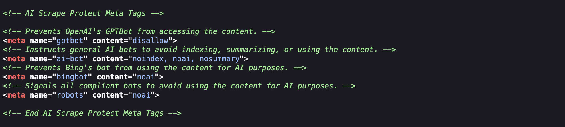 **meta tags Example:** Shows an example of the Meta Tags added to the head section.