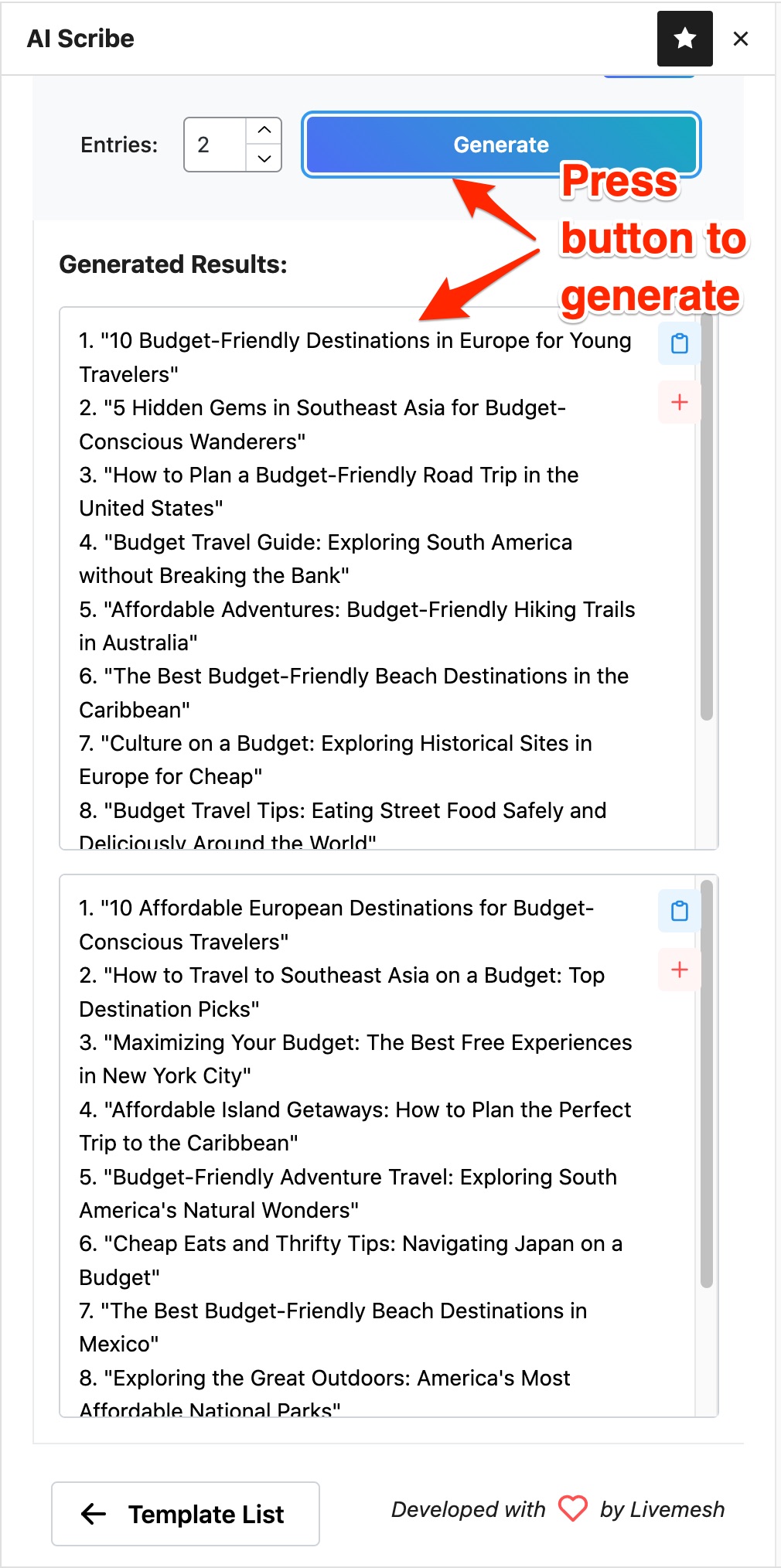 The AI Scribe dashboard app with more than 20 templates for AI content generation