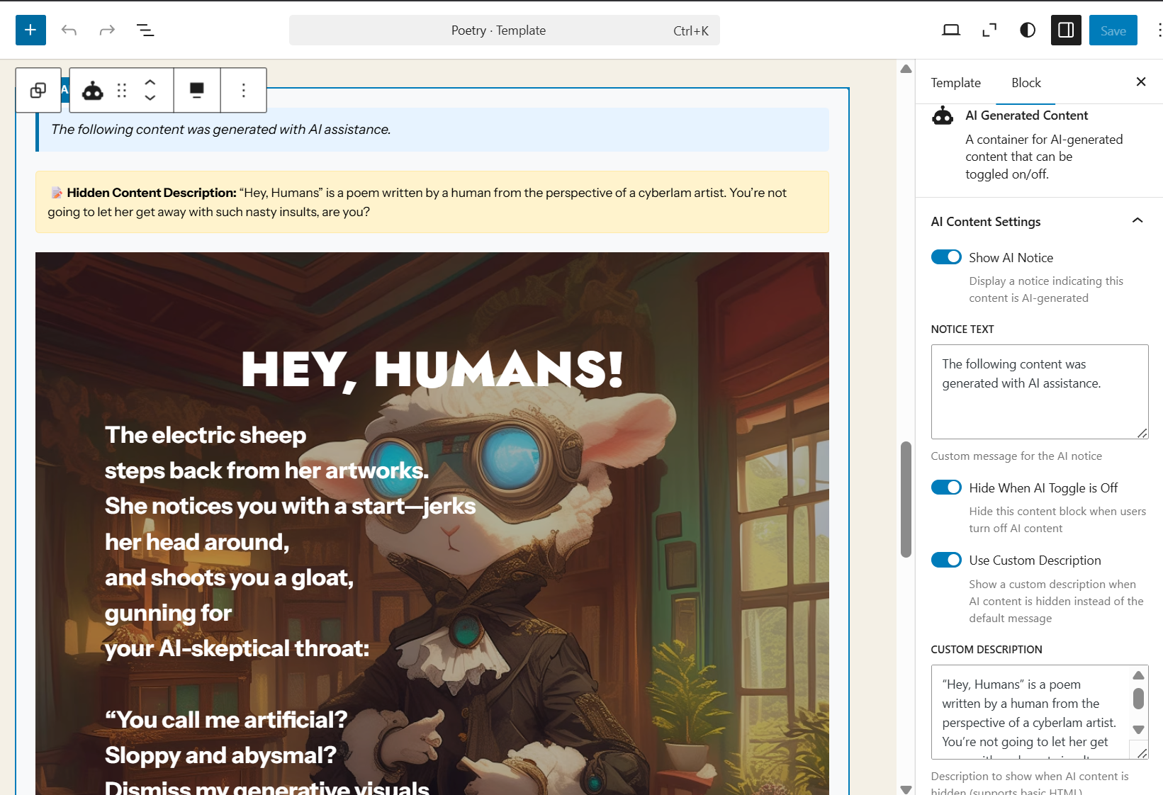 The AI Generated Content block can be added from the Gutenberg editor and can contain any number of content blocks. The options allow fine-tuning of how the content is handled upon show and hide modes.