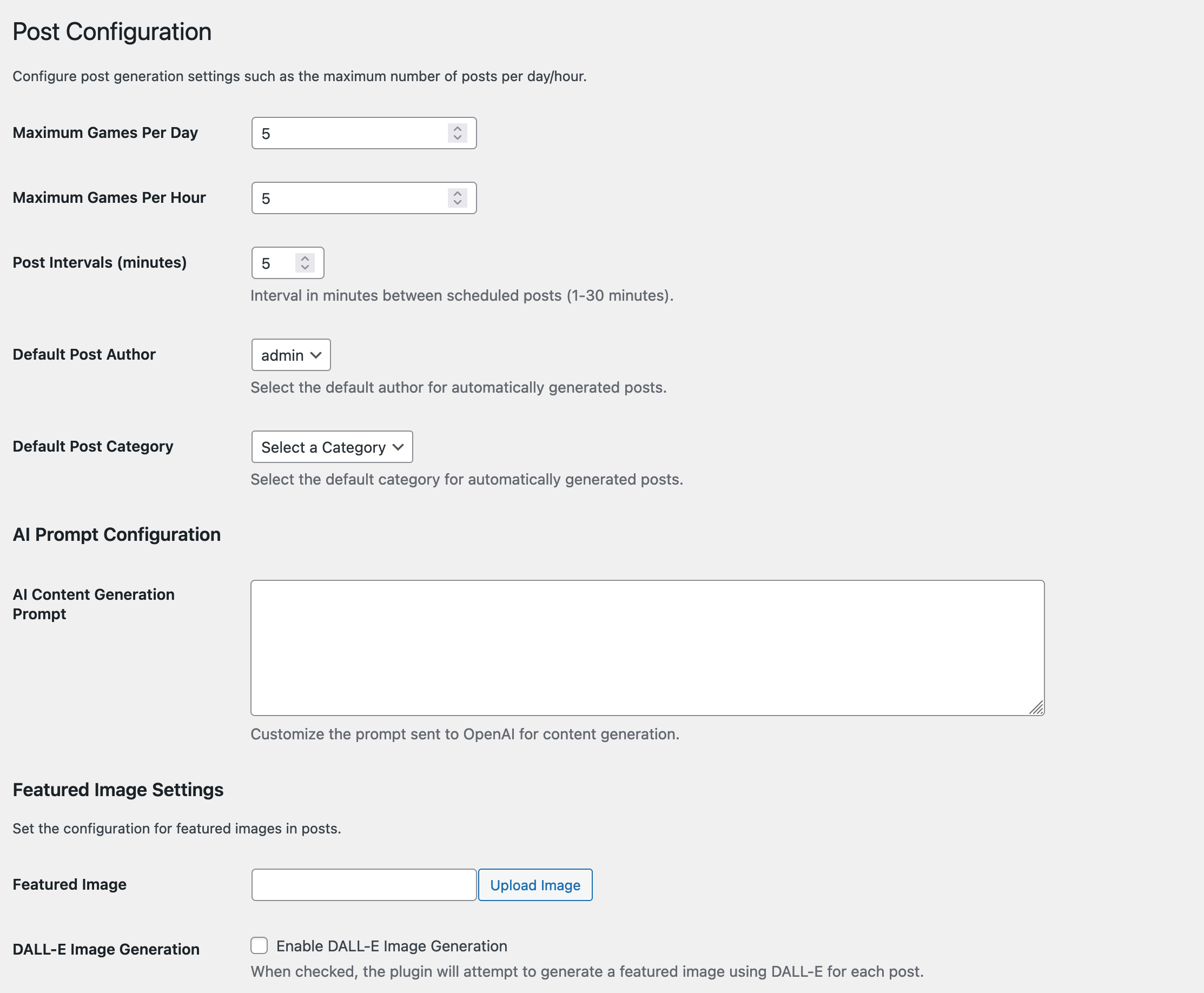 Screenshot 2: A screenshot of the Post Configuration page, displaying settings for Maximum Games Per Day, Maximum Games Per Hour, Post Intervals, Default Post Author, Default Post Category, AI Content Generation Prompt, Featured Image, and an option to toggle DALL-E Image Generation on or off.