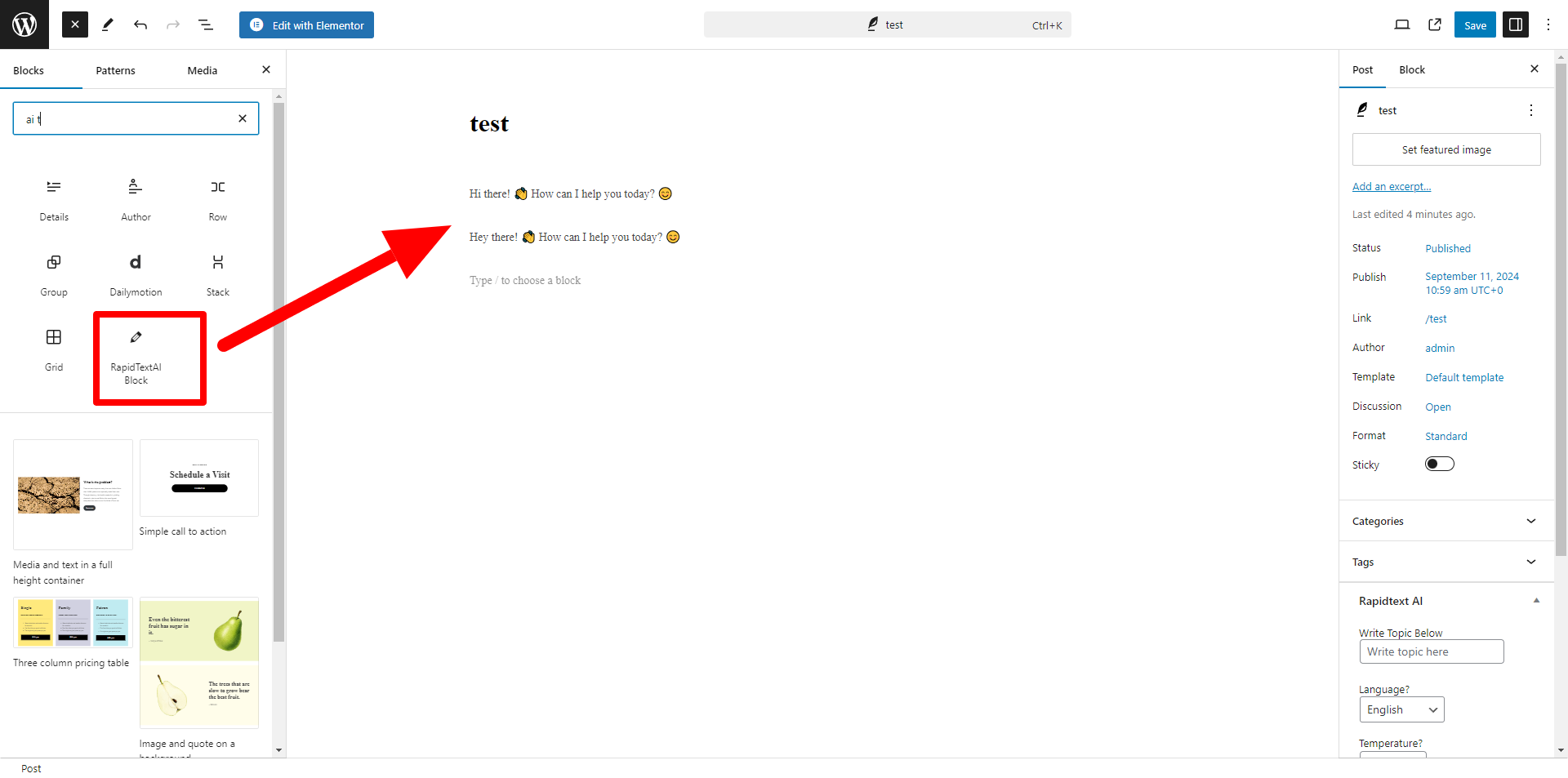 **Screenshot 3** - RapidTextAI Gutenberg Block\