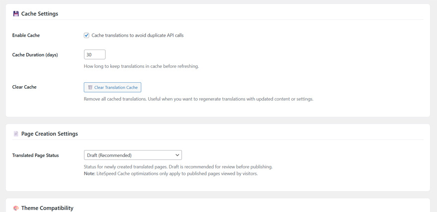 Settings page with cache management and advanced options.