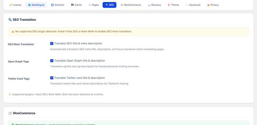 SEO translation settings — translate meta titles, descriptions, and slugs.
