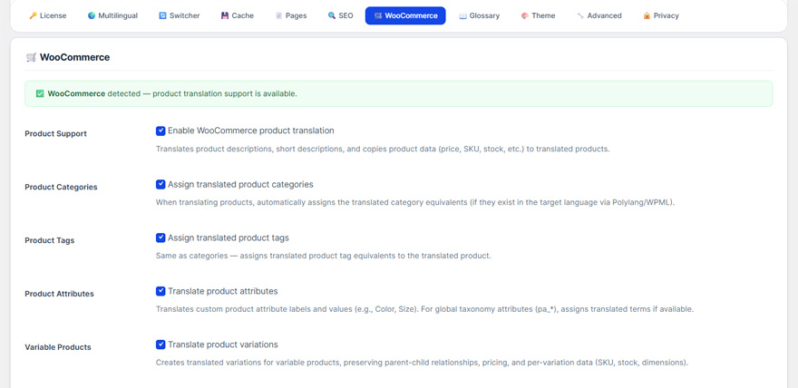 WooCommerce settings — configure product translation options.
