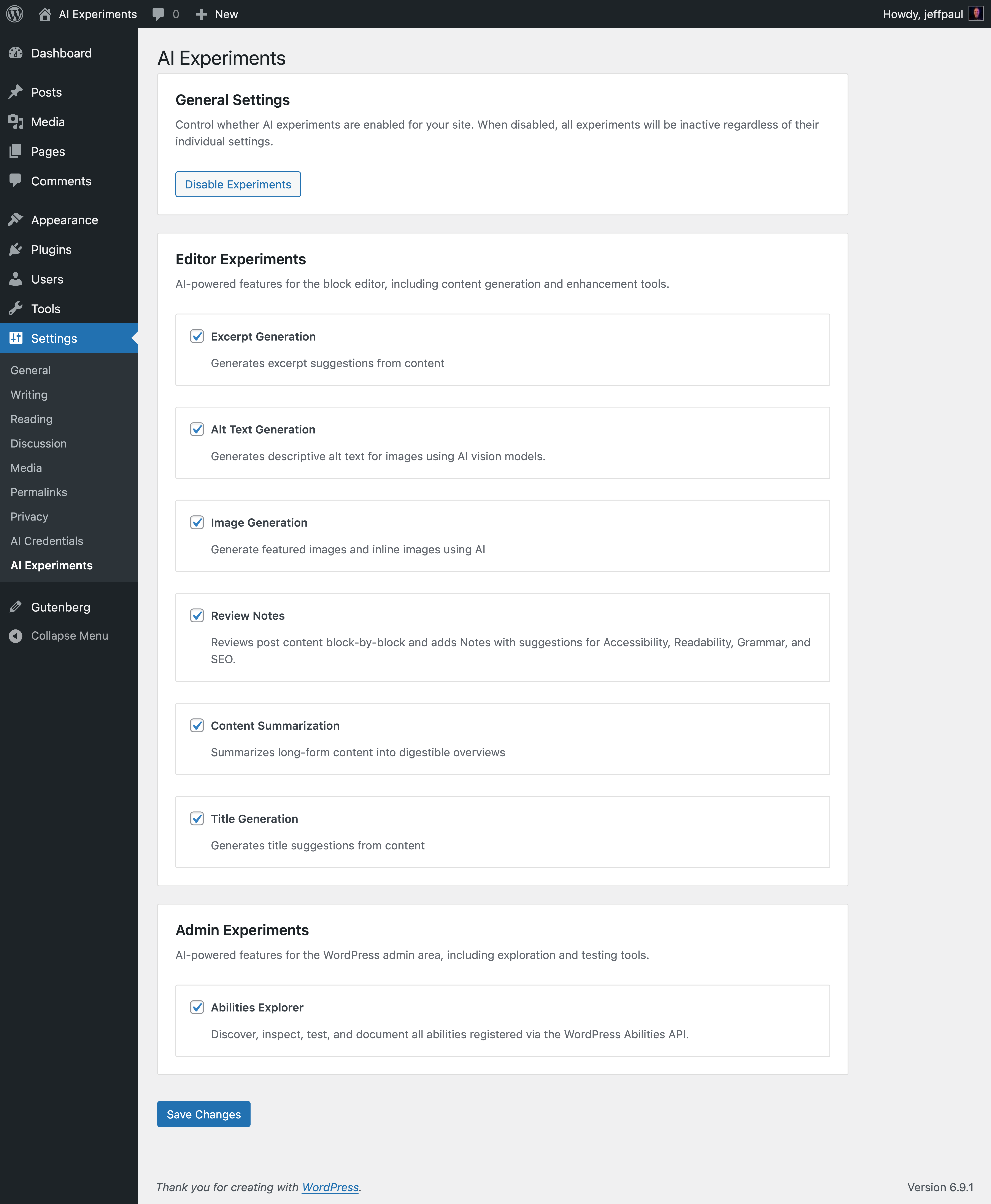 Post editor sidebar showing Generate featured image button and the generated featured image preview with Alt Text, Title, and Description.