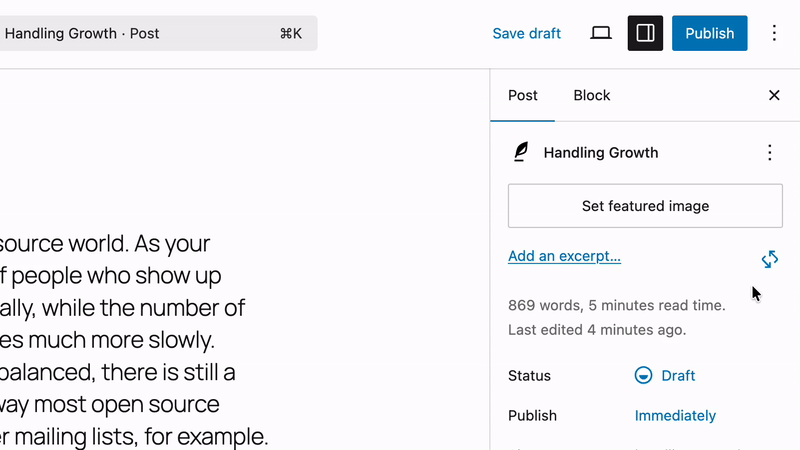 Post editor sidebar showing Generate AI Summary button and the generated content summary within an AI Summary block.