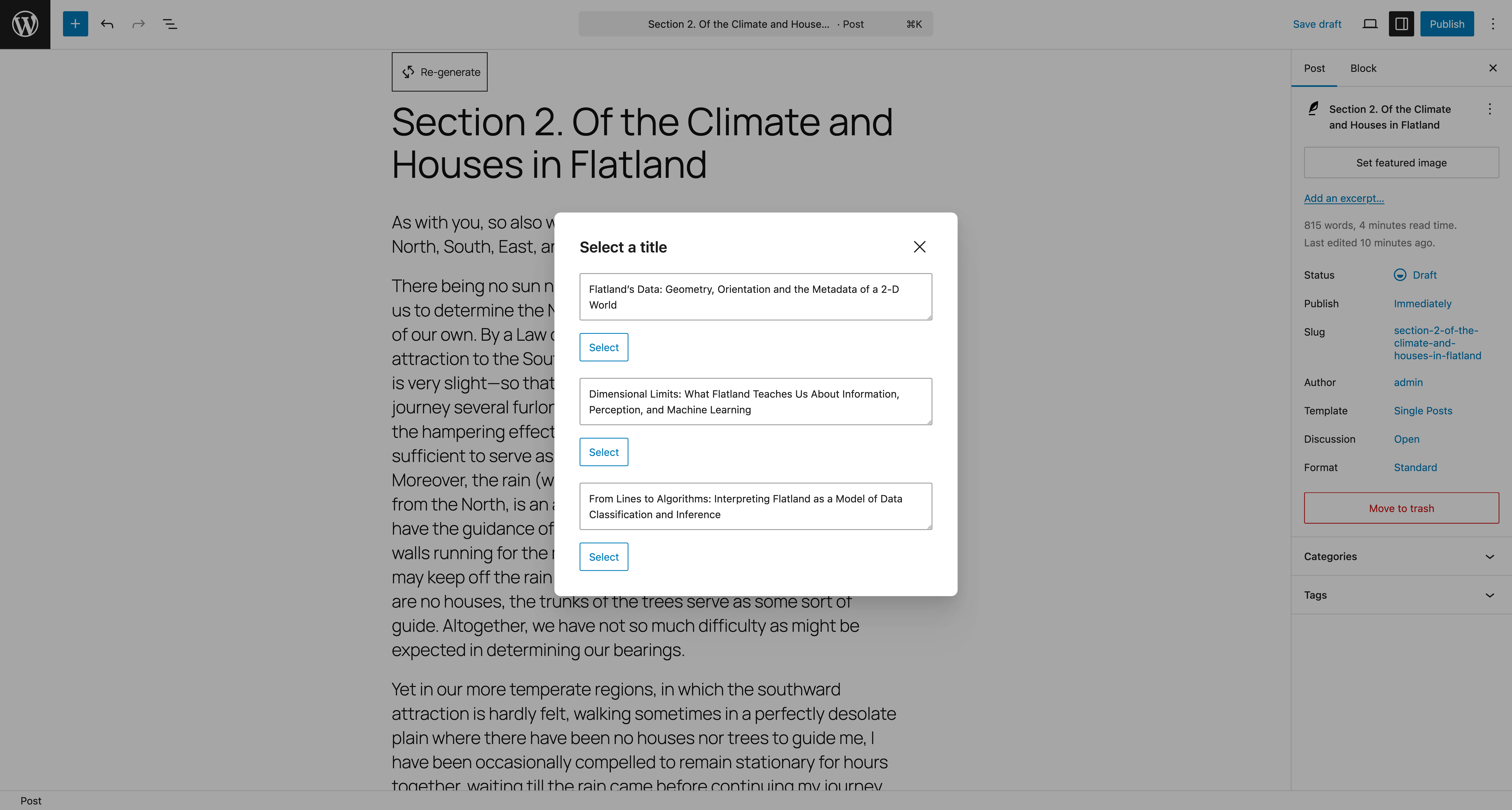 Post editor showing generated title recommendations in a modal.