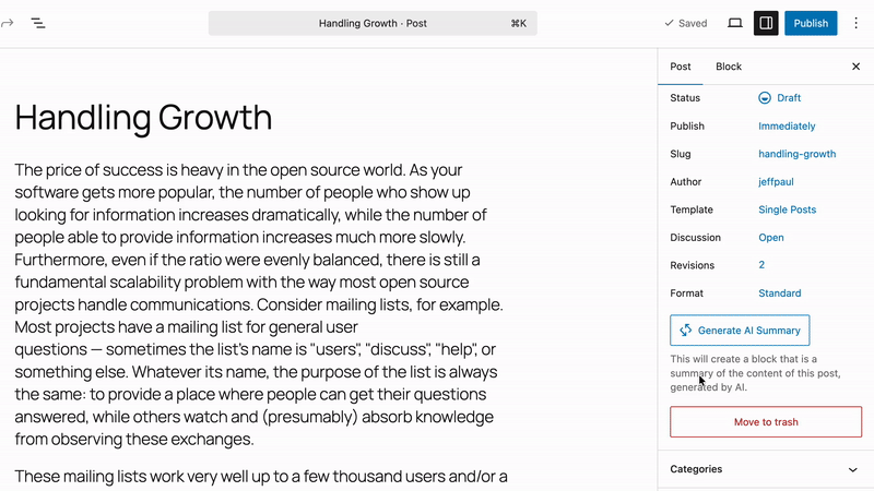 Post editor sidebar showing Generate featured image button and the generated featured image preview with Alt Text, Title, and Description.
