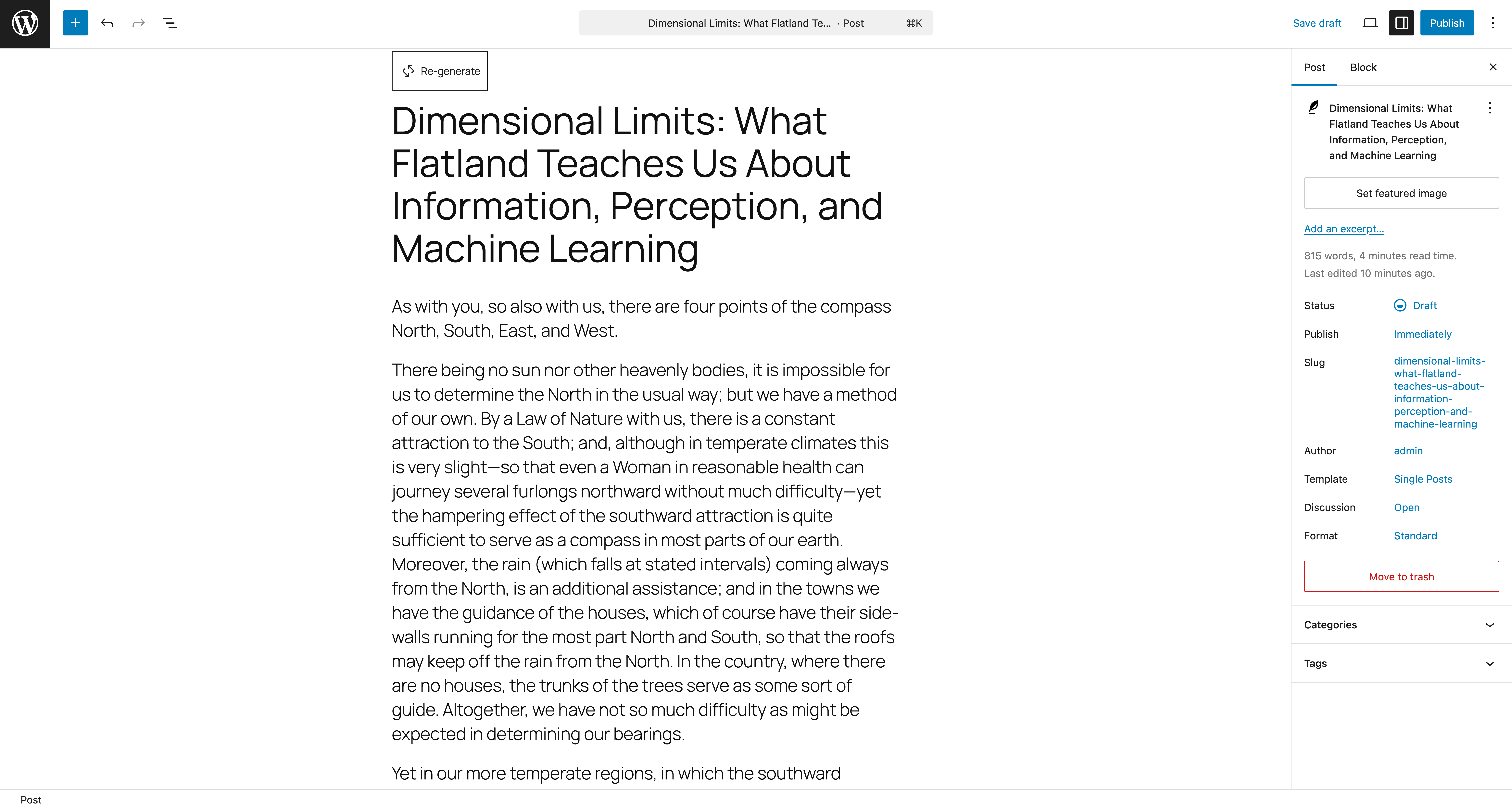 Post editor showing generated title applied to the post and updated `Re-generate` button.