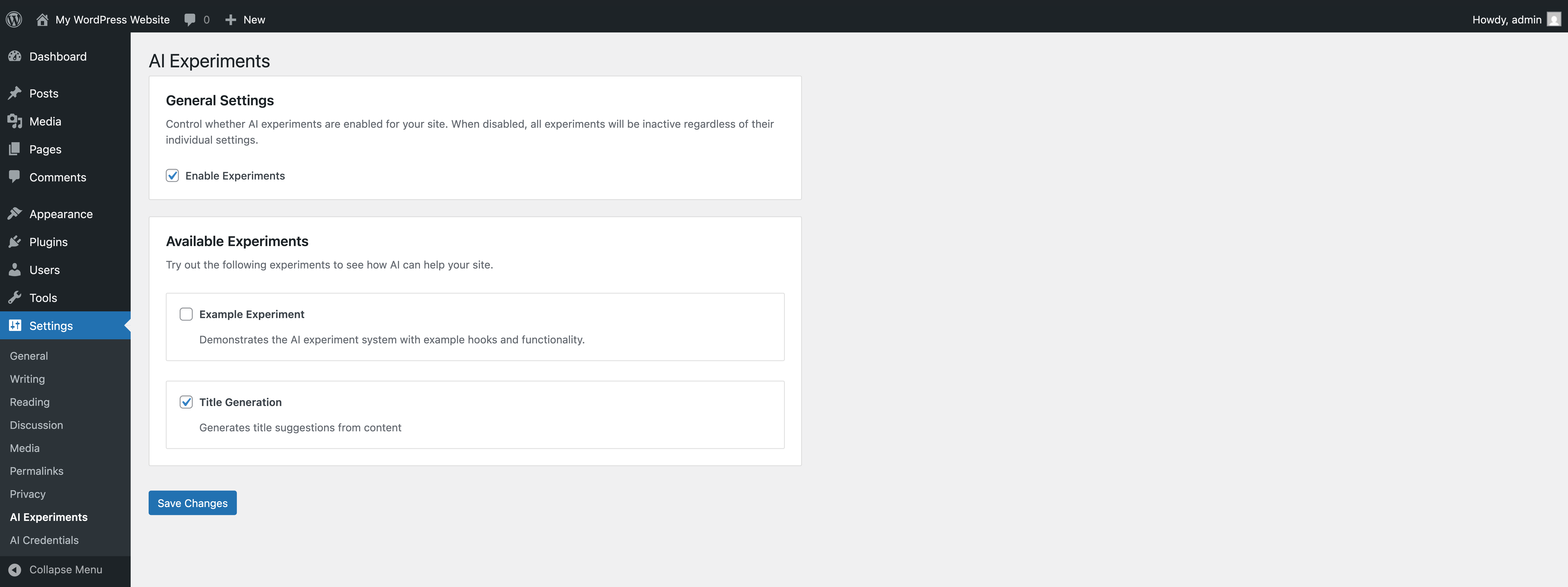 AI Experiments settings screen showing toggles to enable specific experiments.