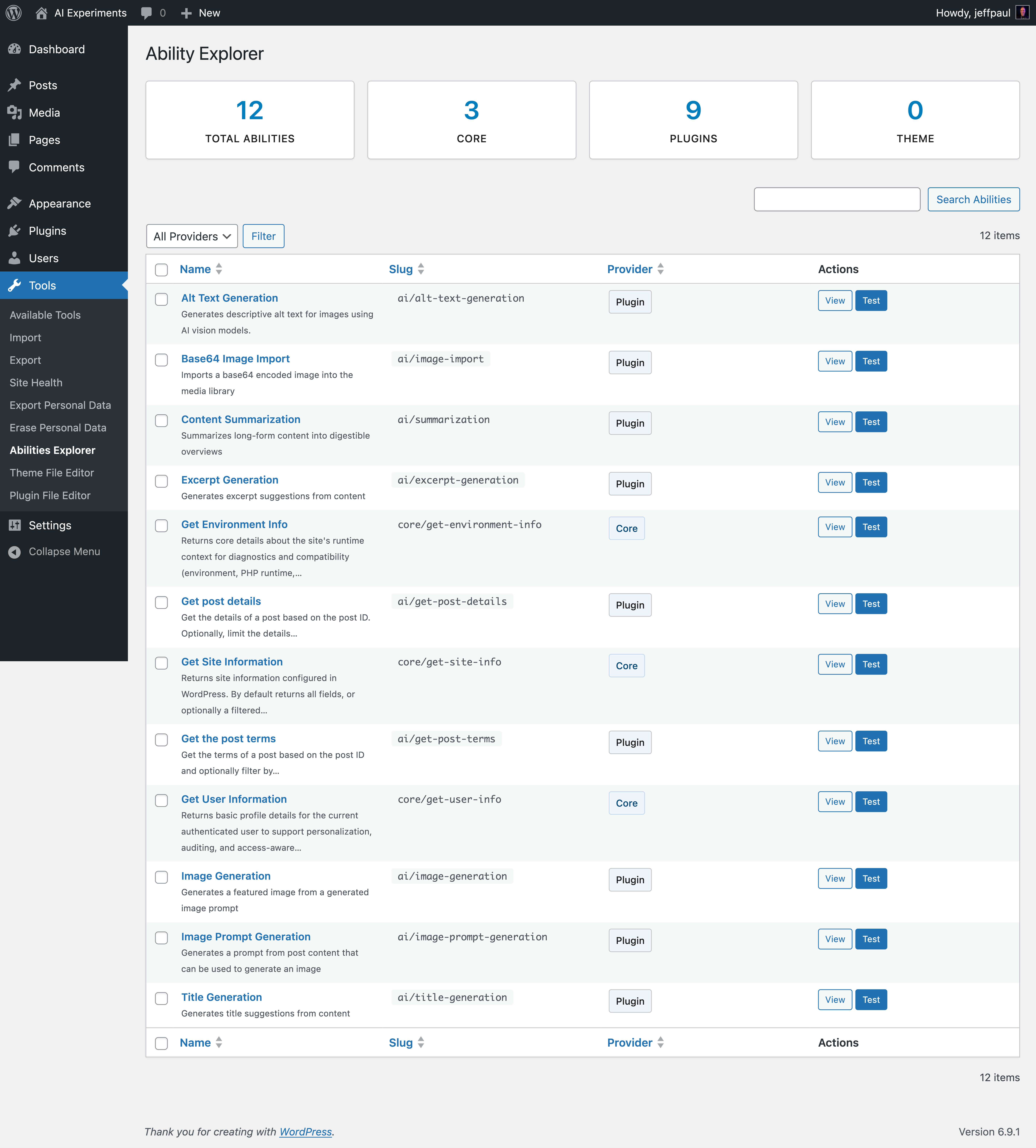 Abilities Explorer's view details screen showing an AI ability’s description, provider, input schema, output schema, and raw data.