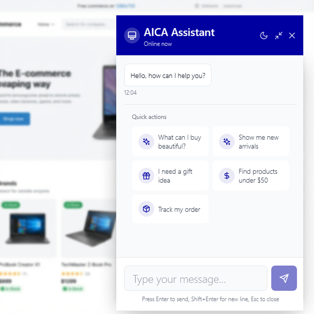 AICA - Smart AI Commerce Assistant widget in action - Chat interface with product recommendations