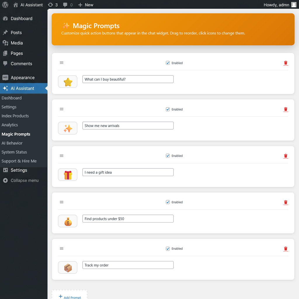 Magic prompts configuration - Customize quick suggestion buttons for users