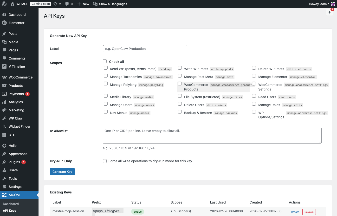**API Keys** — Generate new keys with a descriptive label, select granular scopes (read, write, manage per module), set an optional IP allowlist, and view all existing keys with their last-used date and status.