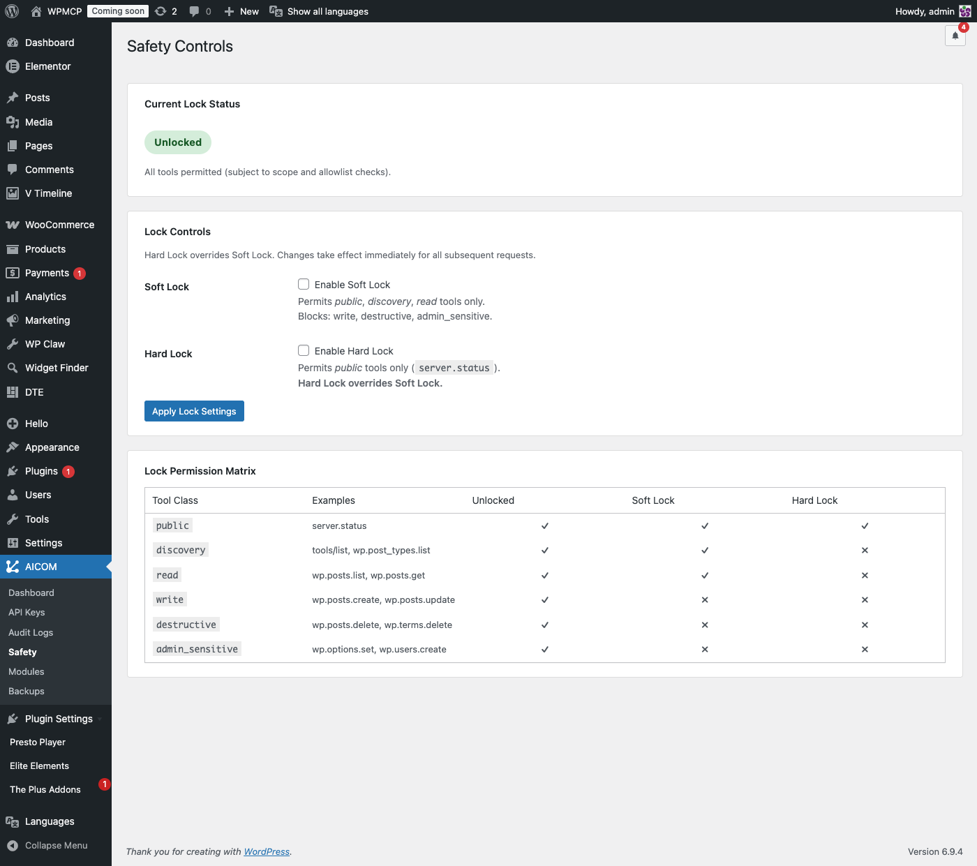 **Safety Controls** — One-click Soft Lock and Hard Lock toggles with current lock status indicator. Includes the full Lock Permission Matrix showing which tool classes are allowed in each lock mode.