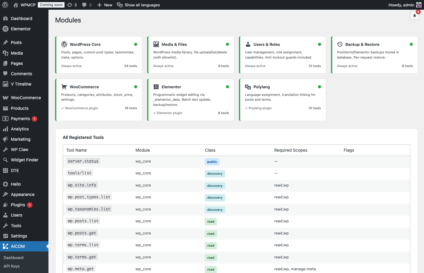 **Modules** — Overview cards for all 7 modules (WordPress Core, Media, Users, Backup, WooCommerce, Elementor, Polylang) with active/inactive status and tool count, followed by the complete list of all 87 registered tools with their class, required scopes, and flags.