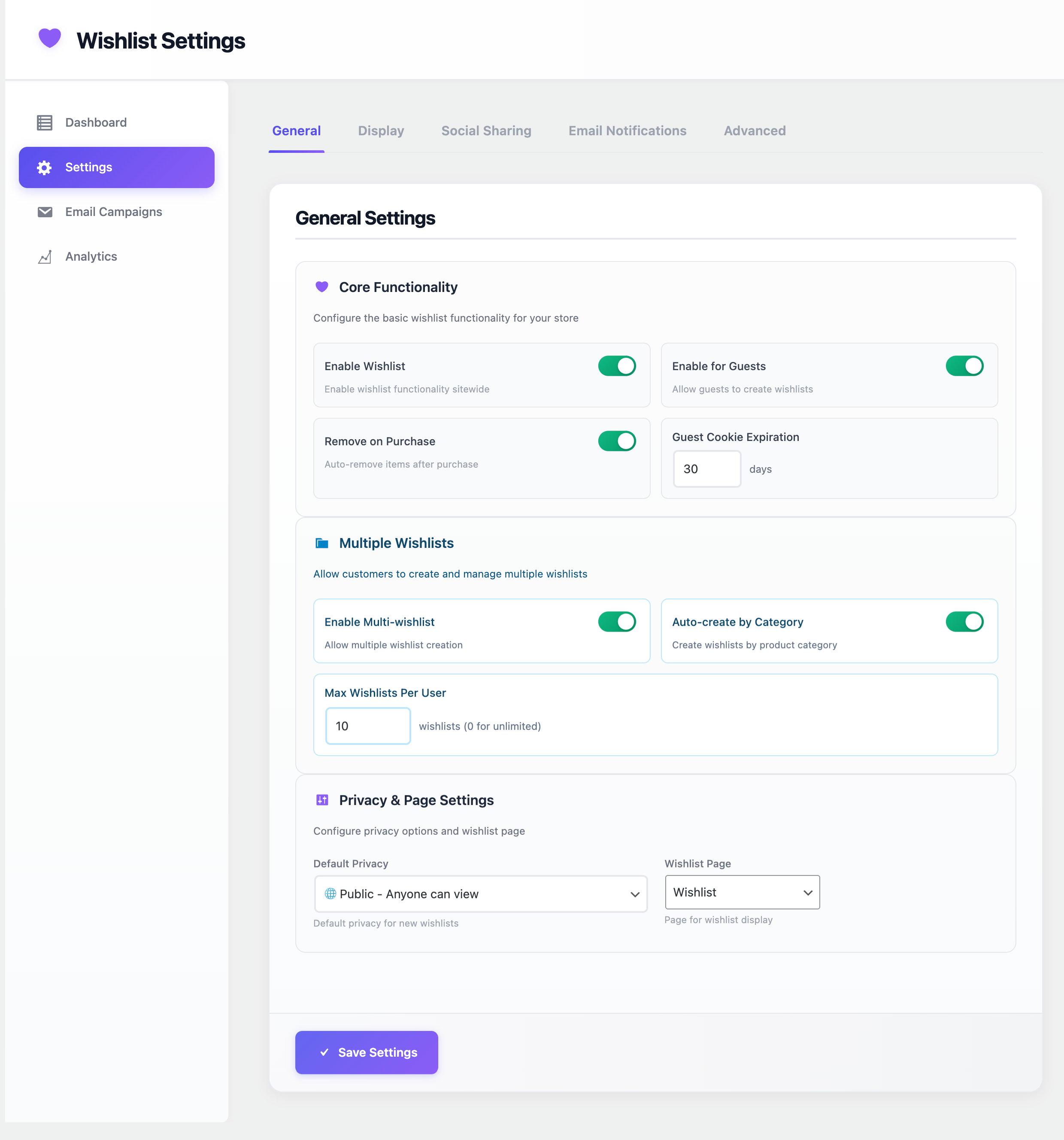 Admin settings panel