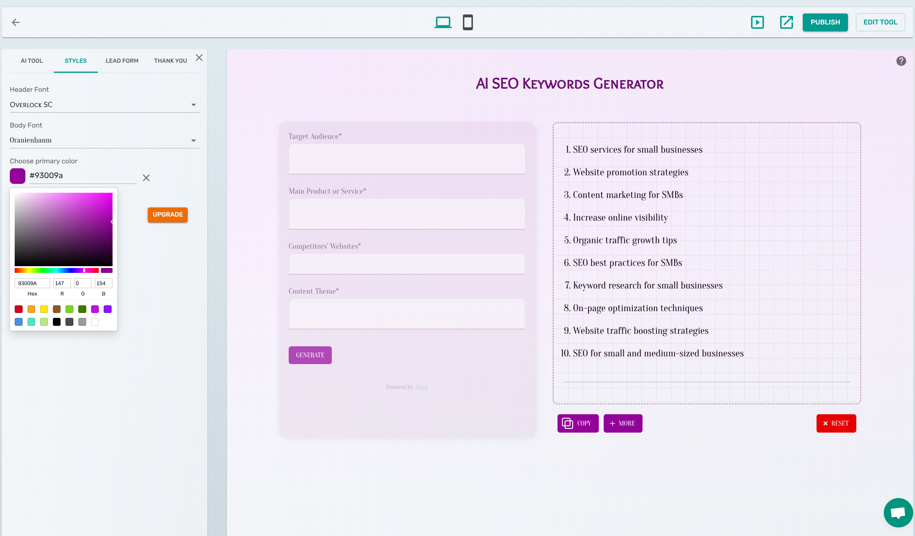 Publish and copy your tool ID for the shortcode