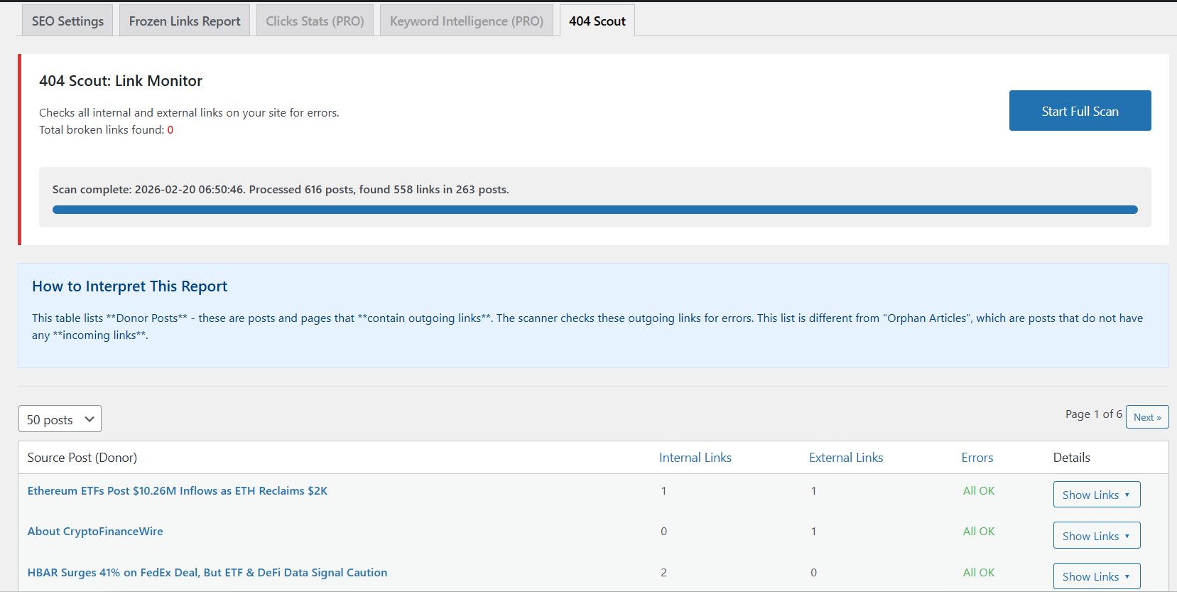 **Reports & Statistics** - View Frozen Links data and Orphan posts.