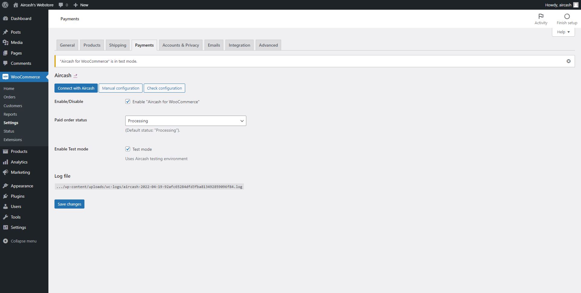 Settings page